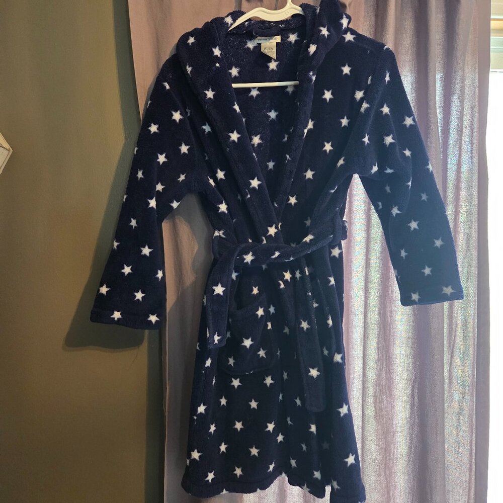Pottery Barn Kids Hooded Plush Robe Youth 8-10, Nvy Blue White Stars Soft Belted